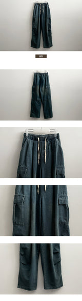 Car banding pintuck vintage washing cargo denim pants