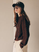 WOOL BUTTON CABLE CARDIGAN BROWN