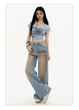Light blue gradient blush washed straight leg floor-length jeans