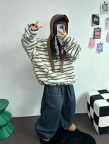ストライプフリースワンサイドストリングアノラックニットスウェット 💙🩶🧡3COLOR