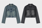 Sand Washing Crop Biker Denim Jacket