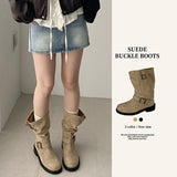 Natural Suede Buckle Middle Boots