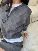シグナルジップハーフジップアップニット&ミニスカートツーピースセット (3 Colors)