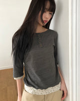Payu フローラルコントラストボタン7分丈Tシャツ