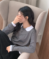 Round collar striped frill T-shirt