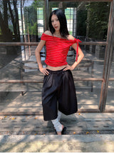 Unbalanced Color Off-Shoulder Strap Stripe Tee