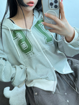 2ウェイ💚ストライプレタリングタトゥープリンティングフーディージップアップジャンパー🩵💚🖤3カラー