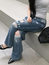 Redo Damage Washing Wide Denim Pants