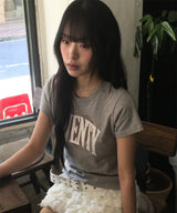 Untitled Crack Heart Applique Crop Short Sleeve Gray