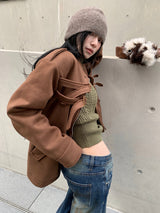 Suede lace-up no-collar jacket
