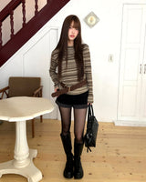 Bomin Off-Shoulder Shirring Stripe Long-Sleeve T-Shirt