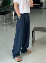 ノーメイスバックバンディングツータックリネンワイドパンツ