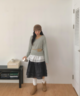 Luen midi checkered skirt Fall layered frill soft fit