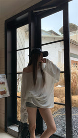 Boxy loose fit unbalanced shoulder long-sleeve T-shirt