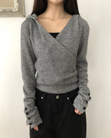 ジニュスリーブボタンリブドラップフーディドTシャツ