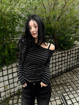 26SS★ [MADE] One-Shoulder Open Stripe Tee