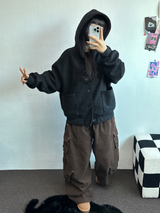 FLEECE/STRING TWO CARGO RIVET WIDE BALLOON LONG PANTS💚🤎🖤🩶4COLOR