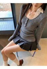 チャコールAラインプリーツミニパンツスカート