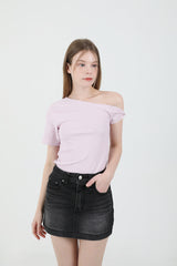Off Shoulder Twist Half-Sleeve T-shirt Pink