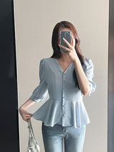 Lua V-neck Peplum Three Quarter Blouse