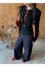Red bow slit long-sleeved knit shirt