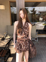 brown ethnic sleeveless skirt two-piece