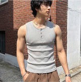 Ribbed Henley-Neck Sleeveless Top Gray