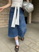 リボンビーズダークブルーワイドバミューダデニムパンツ