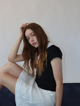 レースジップカラー半袖パフTシャツ(black)