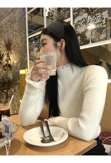 lace ribbed white turtleneck long-sleeved knitwear