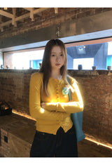 Flower Broach Yellow Round Cardigan