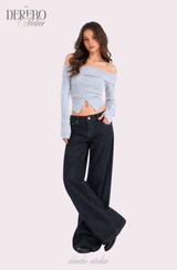 Dark deep long denim flare jeans