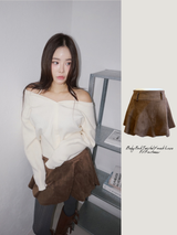 suede unbalanced brown mini skirt