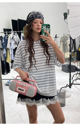 レースストライプミックススリムフィットTシャツ