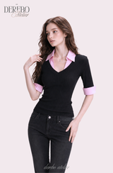 Pink black steady collar V top