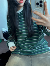 STRIPE OVER BOXY BOYFRIEND ロングスリーブTシャツ ❤💚🩵🧸4COLOR