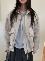 [unisex] カンバポケットカラーケーブルニットジップアップ