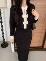 Quiet Bow Ribbon Trim Contrast Knit Long Sleeve Top