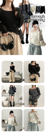 Gentee Shirring Long Sleeve Knit T-shirt