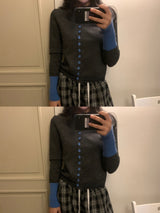 Page Unbalanced Button Color Block 長袖ニットカーディガン (3 Colors)