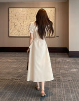 Kazz Shirt Collar Puff Sleeve Long One Piece (Belt Set)