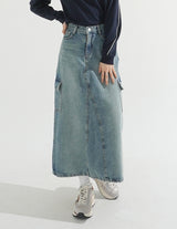 Back Slit Cargo Denim Long Skirt