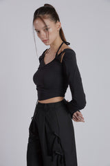 HALTER NECK SHIRRING TOP(BLACK)