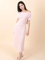 Off-Shoulder Slit Long Onepiece Pink