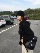 Grid Leather Patch Waffle Beanie (2c)