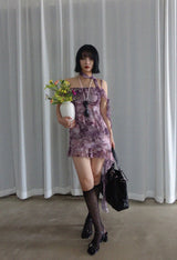 VINTAGE GRUNGE CHIFFON TAIL MINI DRESS WITH TIE SCARF SET