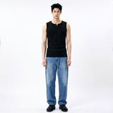 Ribbed Henley-Neck Sleeveless Top Black