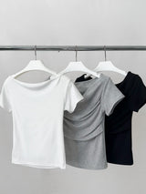 Hand shirring off-shoulder spandex short-sleeved T-shirt