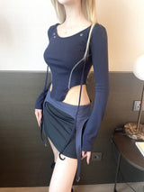 1208. Eyelet ribbon curved crop T (2color)