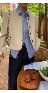 No Collar Round Tweed Loose Fit Jacket